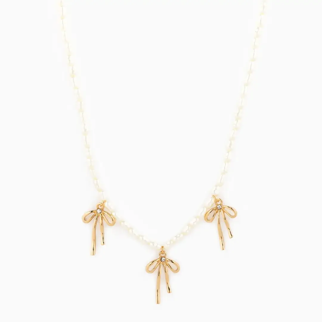 Gold Triple Bow Pearl Necklace
