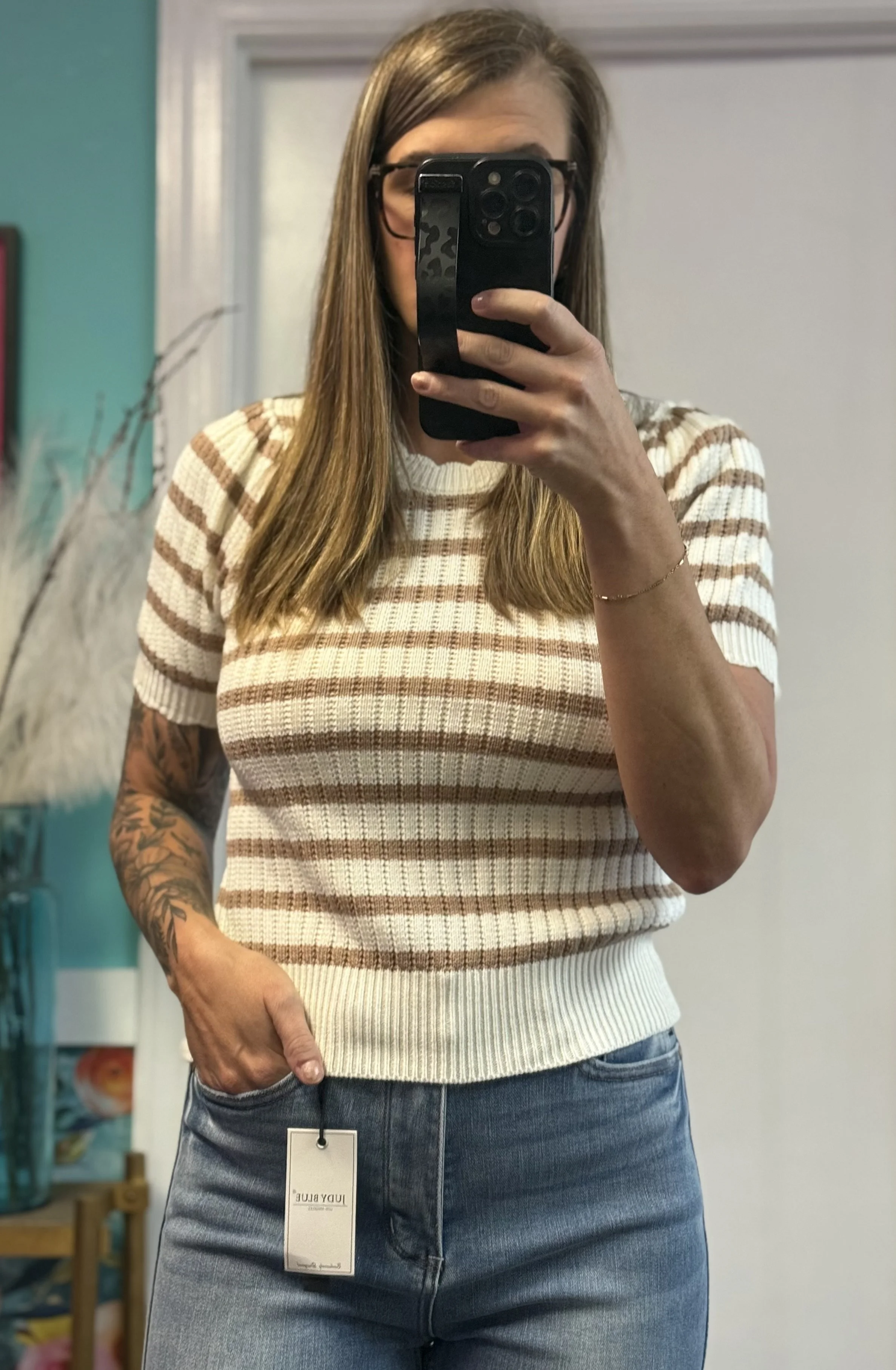 Taupe Striped Scallop Edge Knit Top