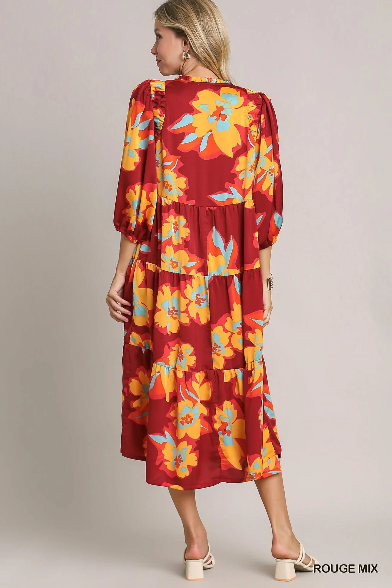 Umgee Rouge Mix Satin Floral Print Button Down Tiered Maxi Dress