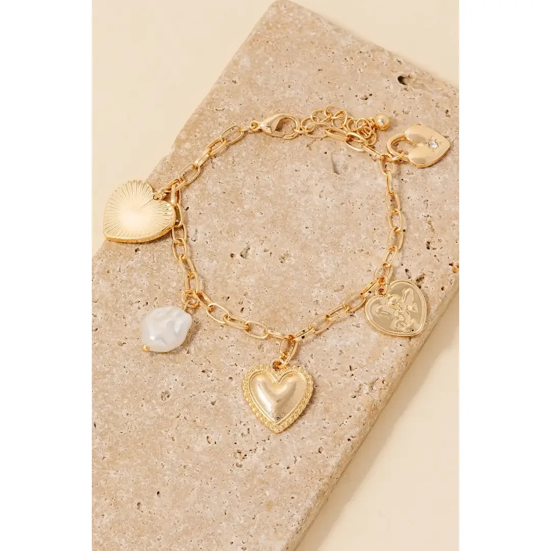 Mixed Heart Pearl and Charm Bracelet
