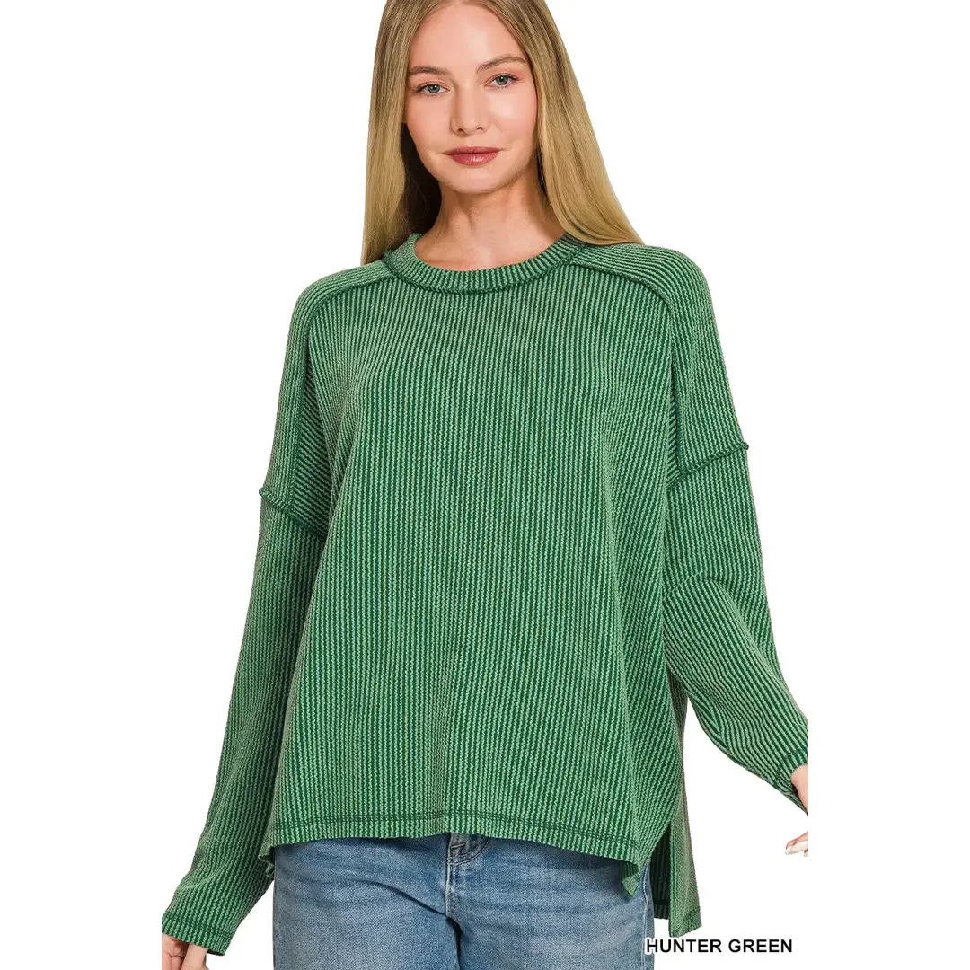 Hunter Green Zenana Raised Rib Top w/ Side Slits