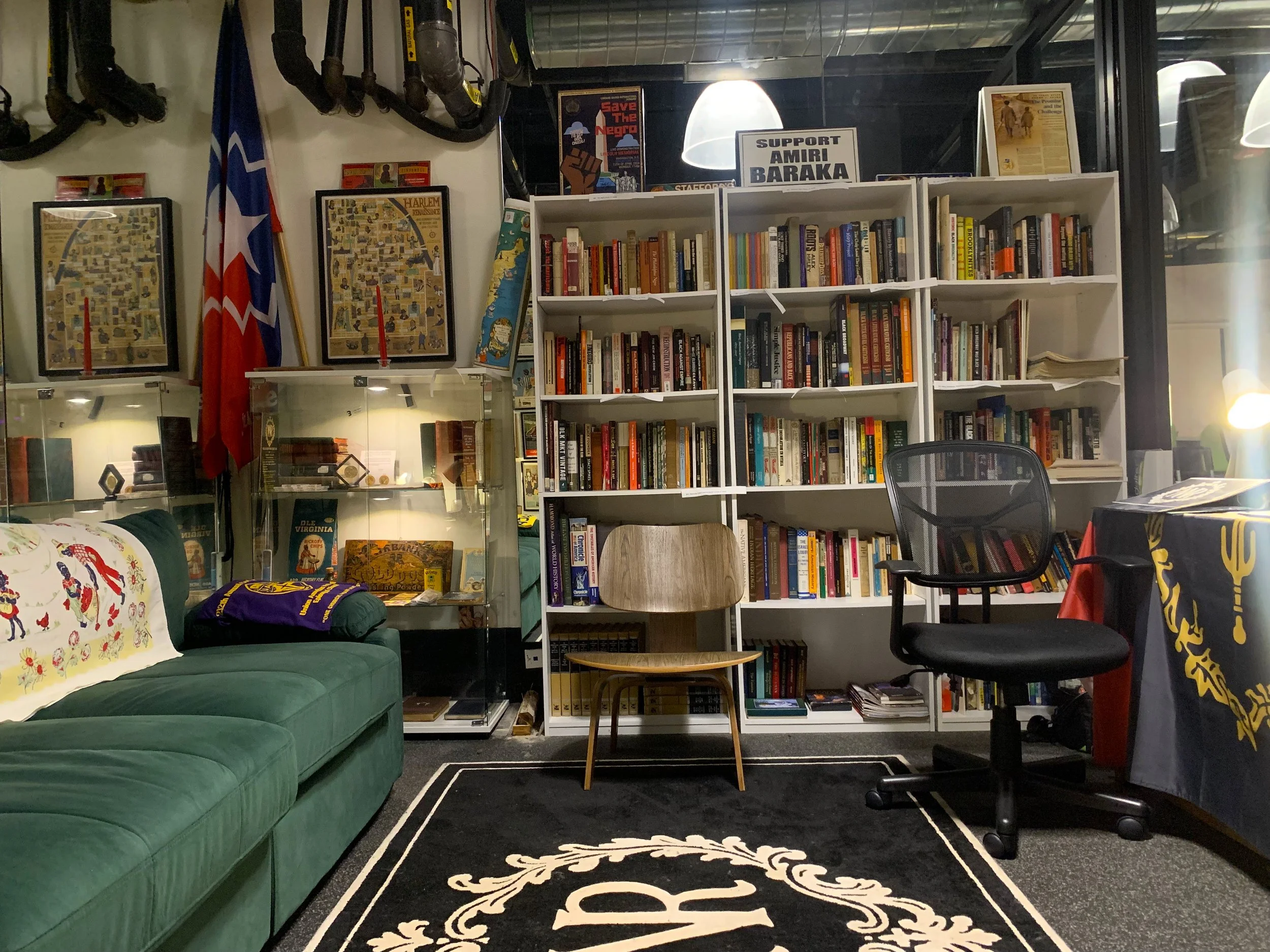 A room featuring a green sofa with a decorative pillow and a blanket, black and white rug, white bookcase filled with books, framed posters on the wall, a flag, and various promotional signs, with a large window and ceiling lighting.