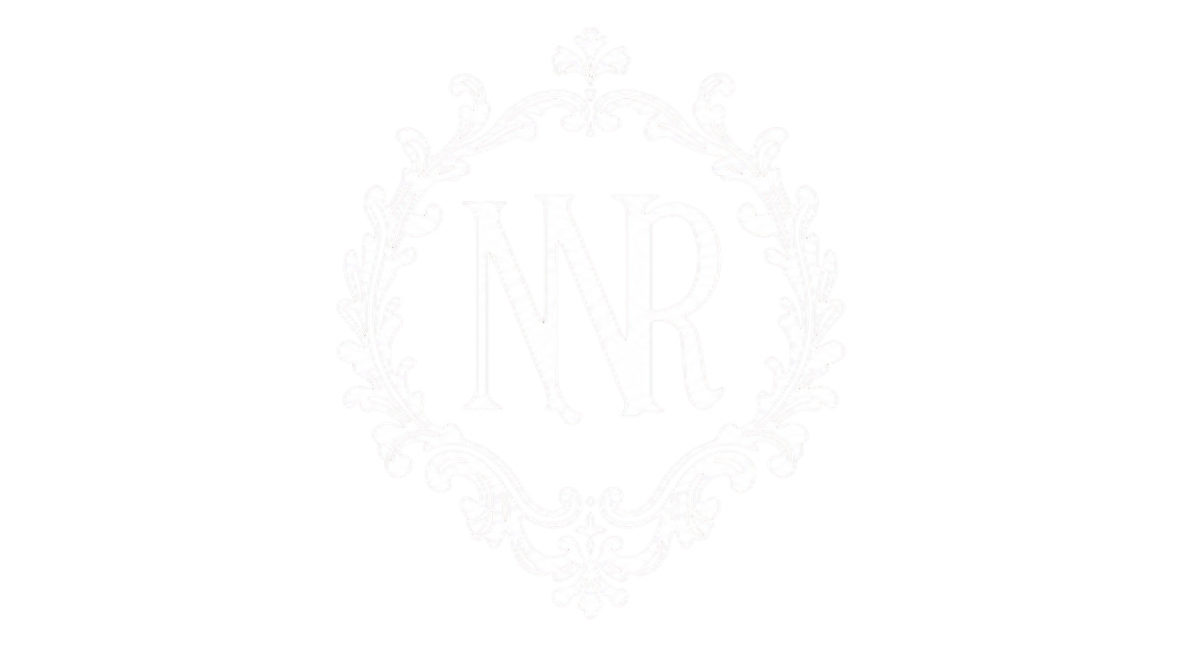 White monogram with the letters 'NR' inside a decorative ornate wreath on a black background.