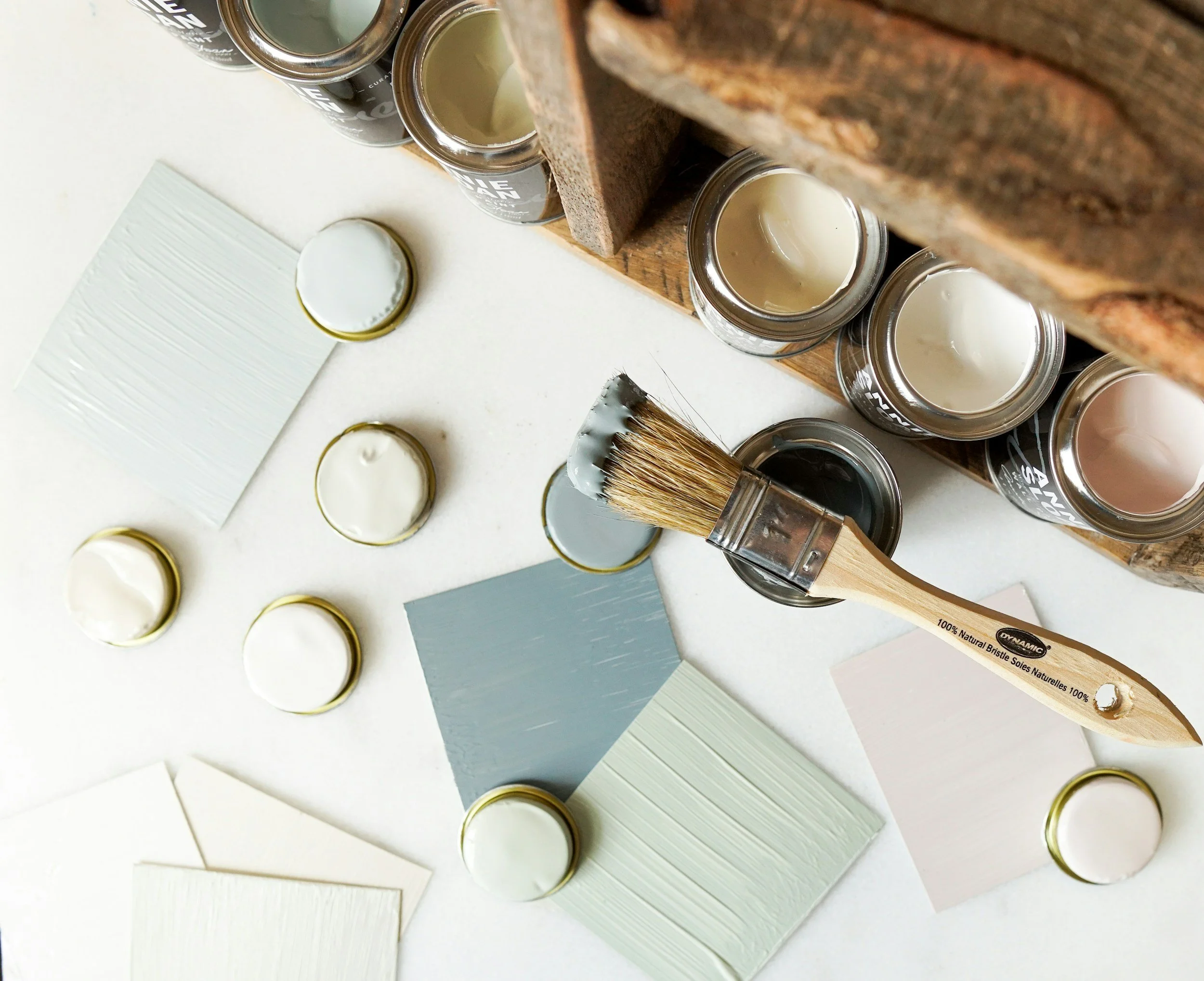 Various cans of paint with their lids removed, a paintbrush, and color Swatches on a white surface.