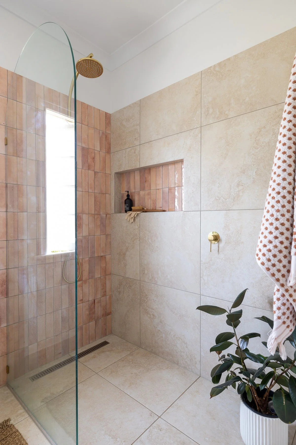 Modern bathroom with a walk-in shower featuring a glass partition, beige and peach tiles, a black soap dispenser, a small shelf with a brush, and a potted plant with dark green leaves.