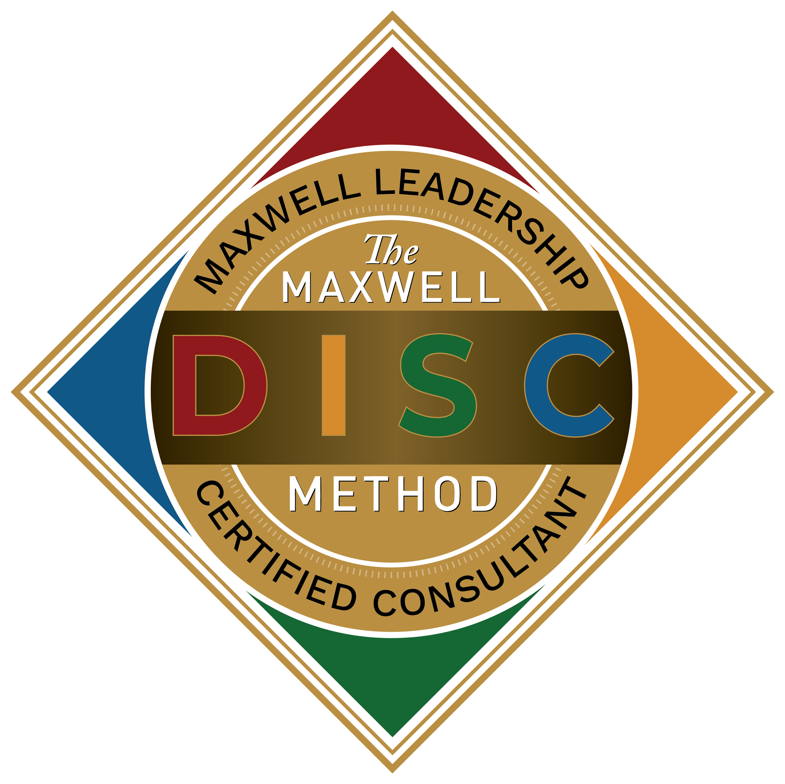 A circular badge design with text and colored sections, indicating a Maxwell Maxwell Well Leader with the Maxwell Method, Certificate, and Certified Consultant.