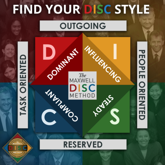 Diagram titled "Find Your DISC Style" showing four quadrants: D Dominant (Red, Outgoing, Task Oriented), I Influencing (Yellow, Outgoing, People-Oriented), S Steady (Green, Reserved, People-Oriented), and C Compliant (Blue, Reserved, Task-Oriented). Penguin logo in the bottom left corner, background with photos of diverse professionals.