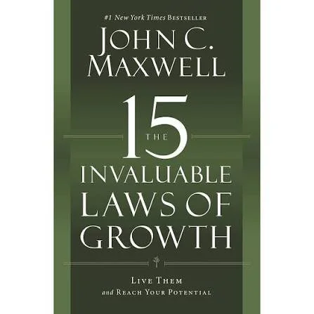 Book cover titled '15 The Invaluable Laws of Growth' by John C. Maxwell, with a green background and white text.