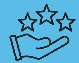 A hand holding three star-shaped icons against a blue background.