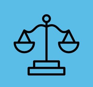 Icon of a balance scale with two pans, on a blue background.