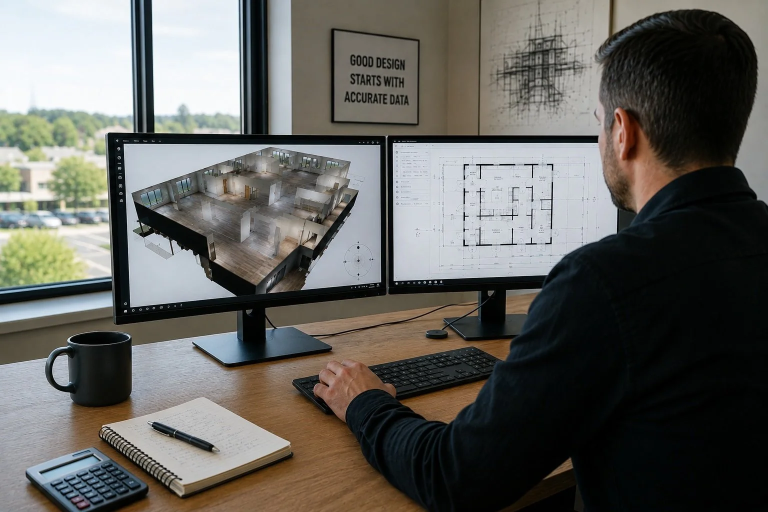 Architect reviewing a 3D building scan and floor plan.