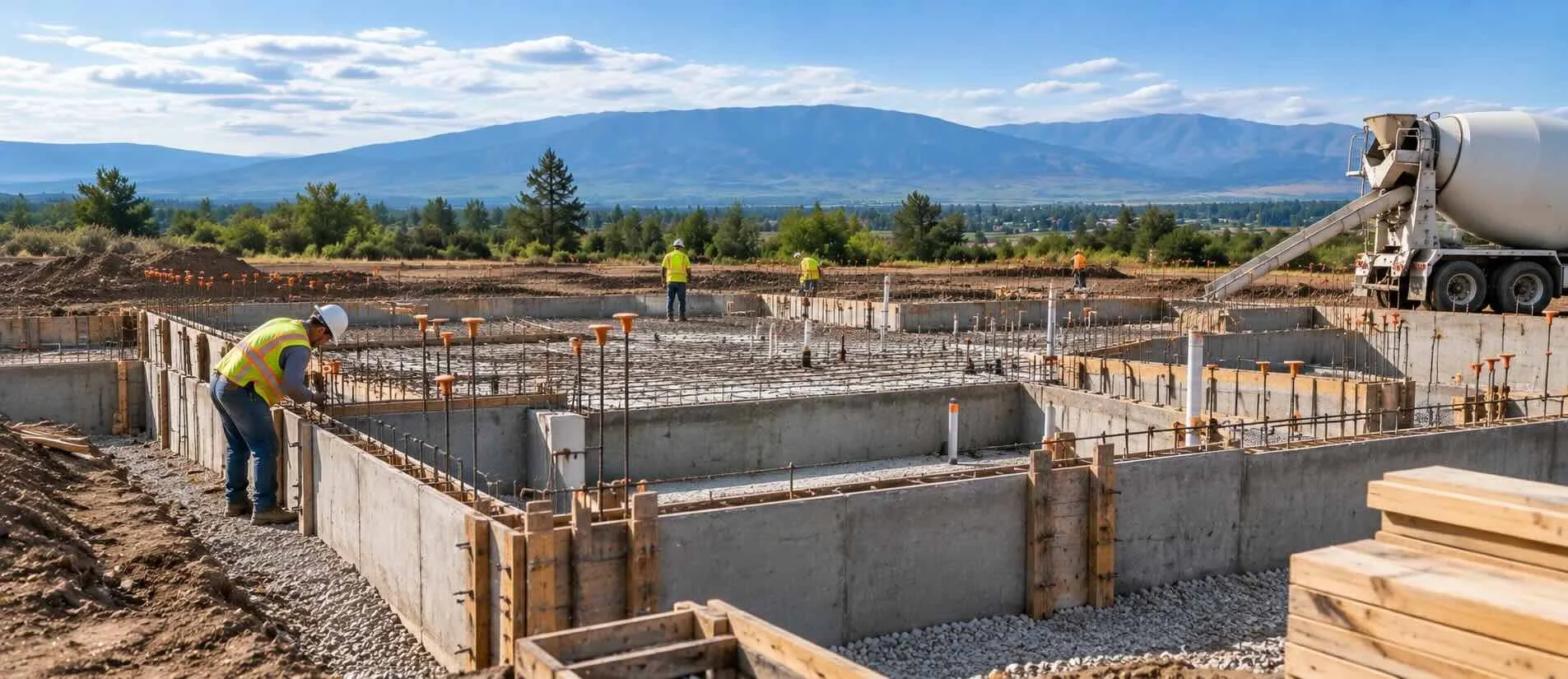 Crews constructing concrete foundations and reinforced footings on a new building site.