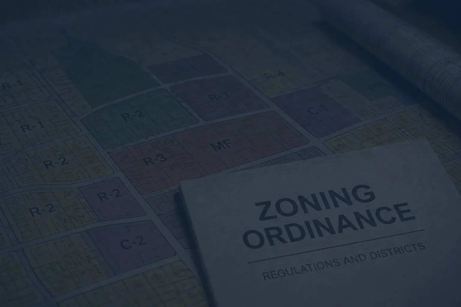 Zoning map highlighting a multi-family residential district alongside other land-use zones.