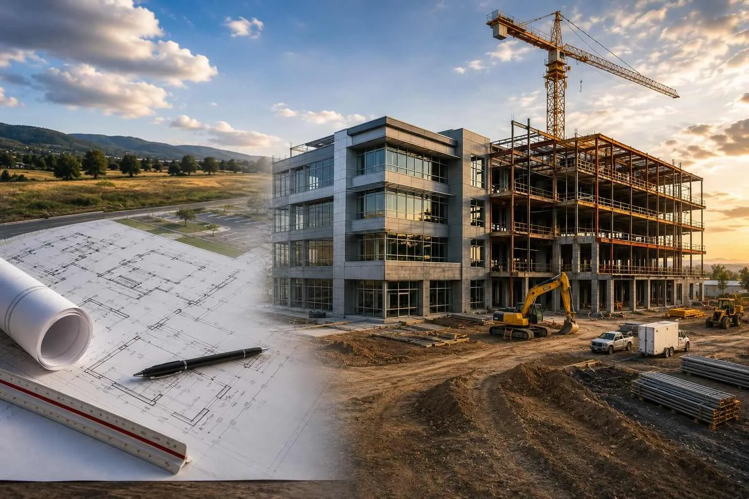 Architectural plans transitioning into a modern building under construction with steel framing, equipment, and a tower crane.