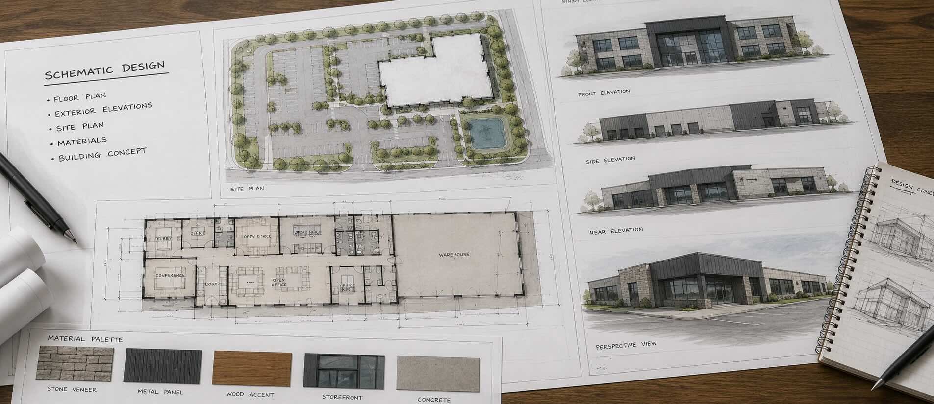 Schematic design drawings showing the site plan, floor plan, building elevations, perspective view, and material options.