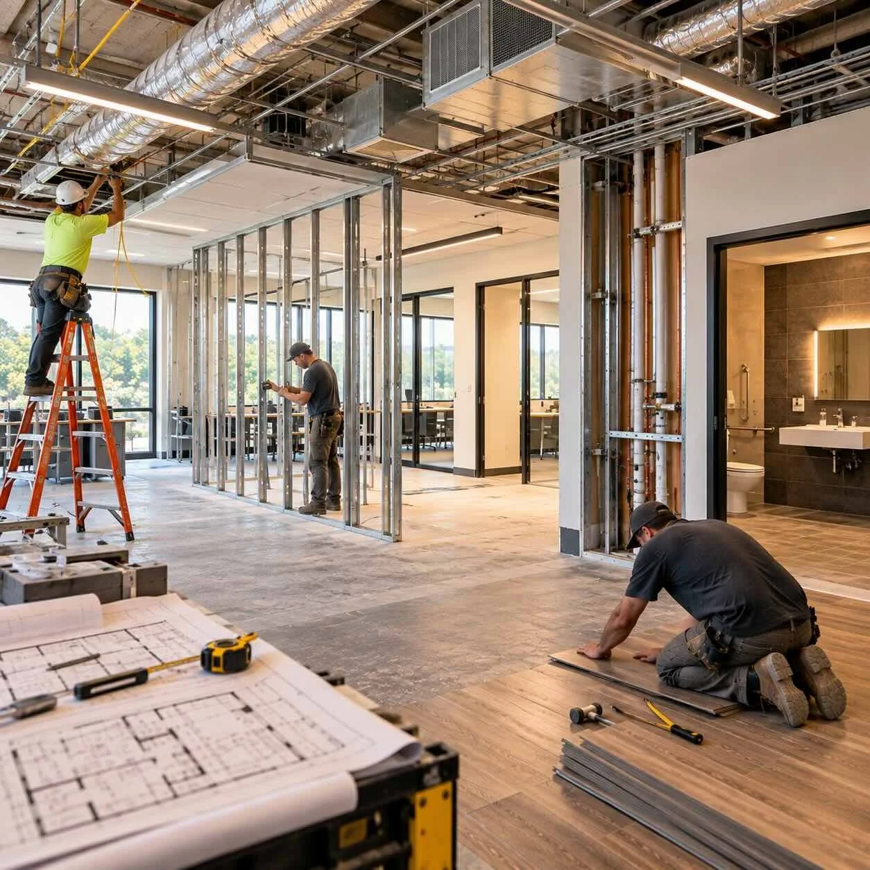 Contractors installing walls, flooring, HVAC, and other commercial tenant improvements.