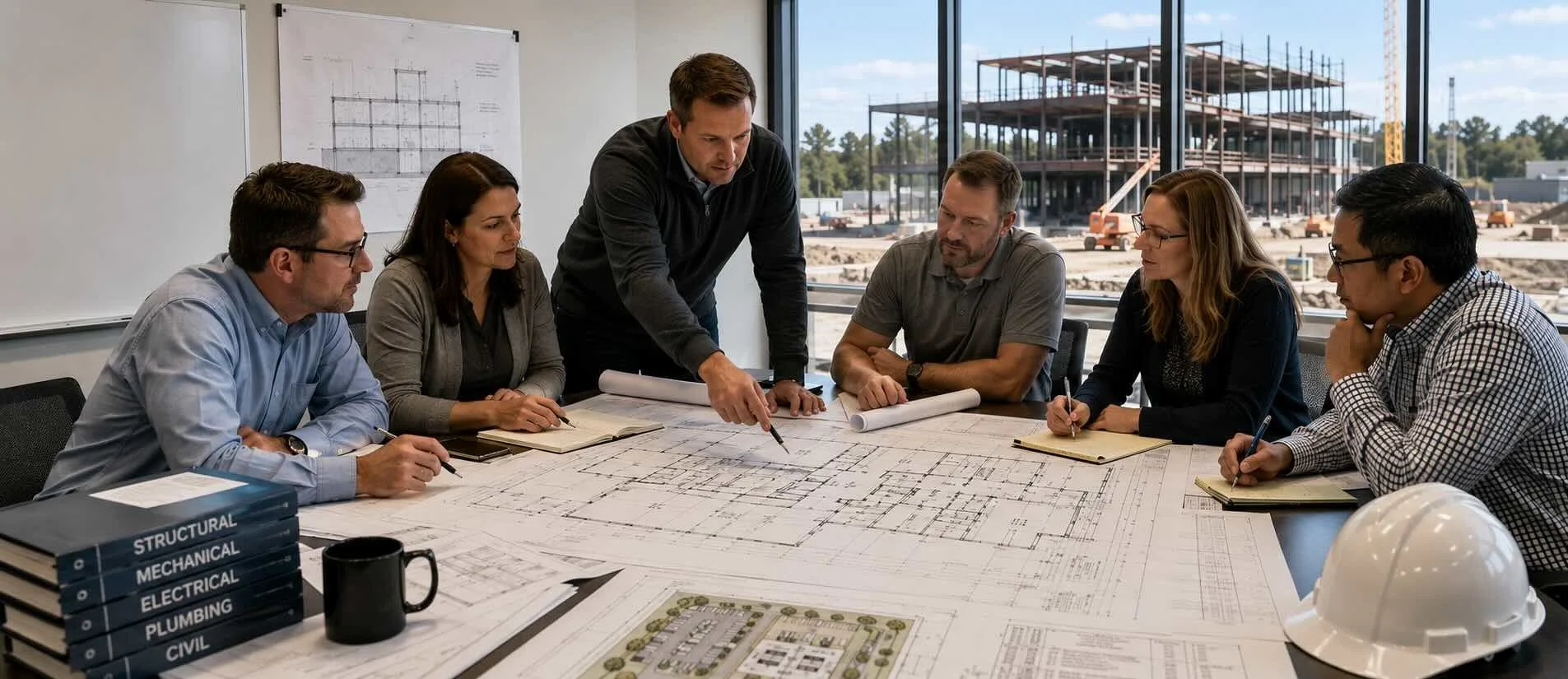 Architecture and engineering team reviewing coordinated building plans with an active construction site visible outside.