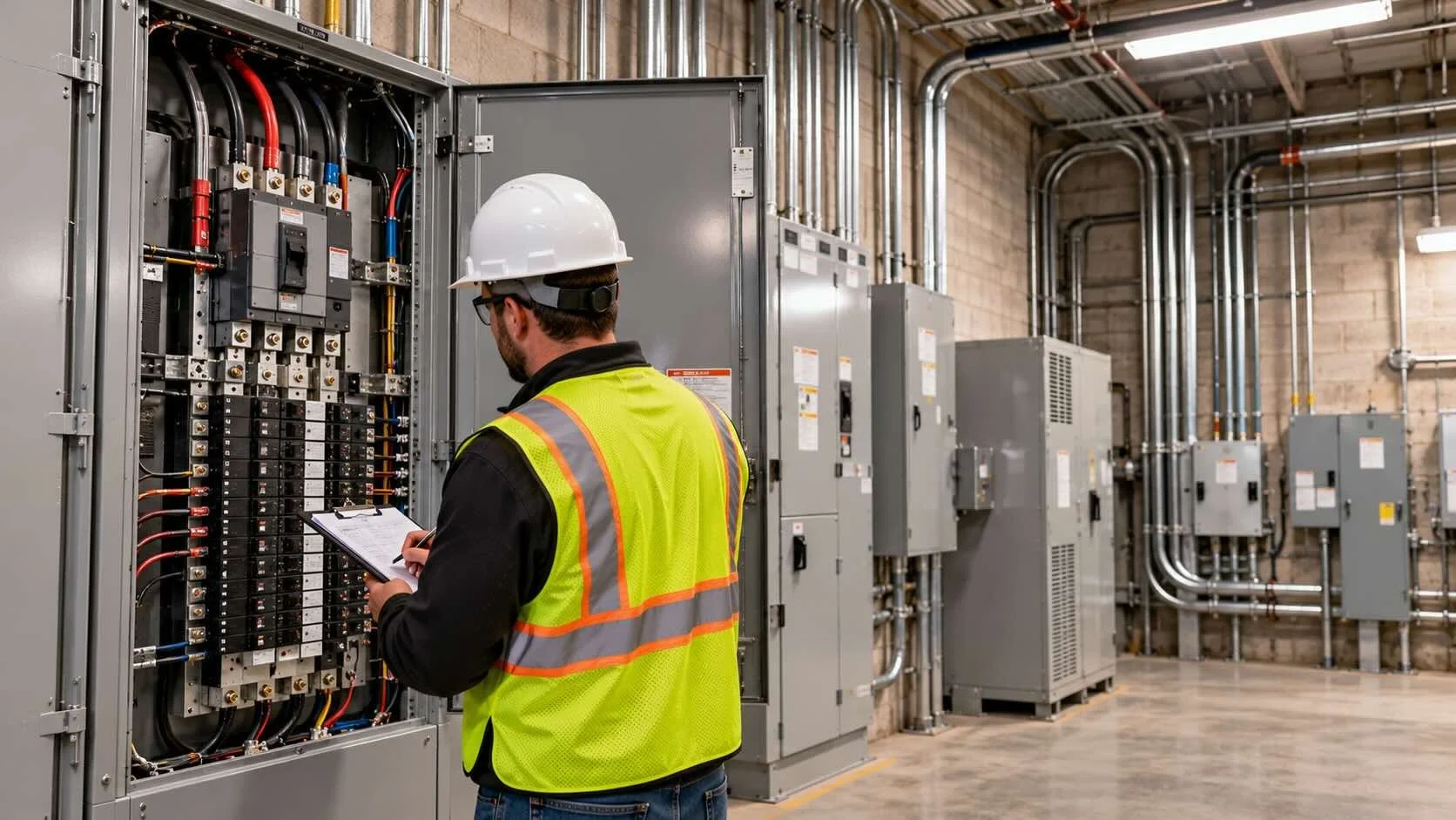 Man inspecting commercial electrical system
