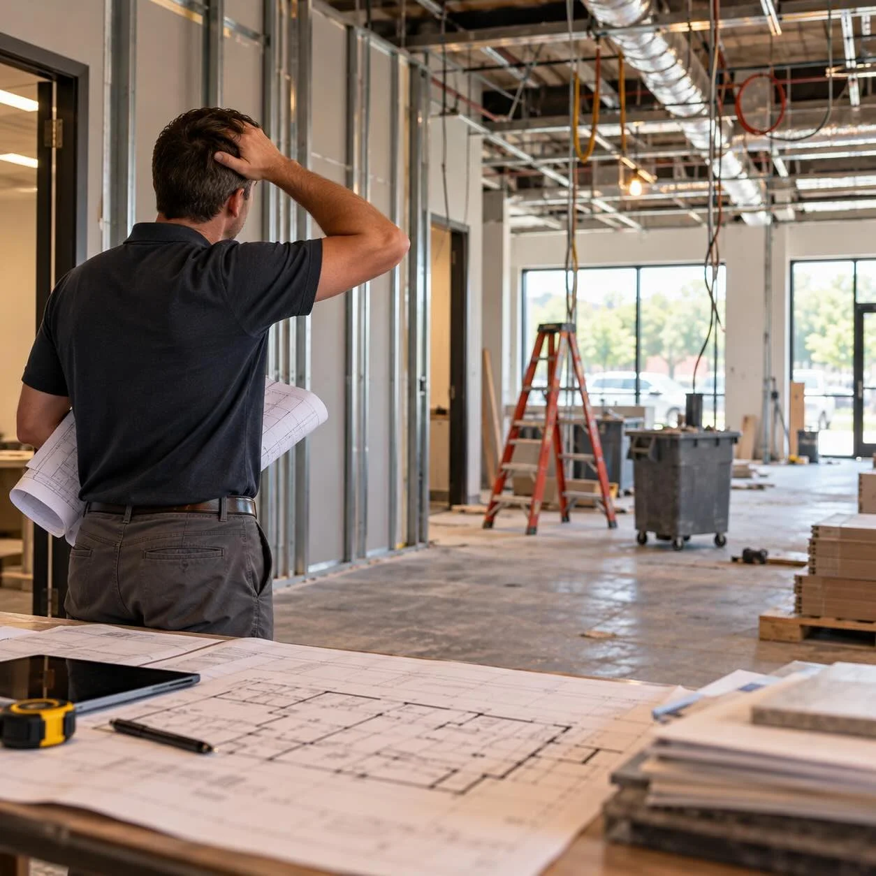 Professional reviewing problems during a commercial tenant improvement project.