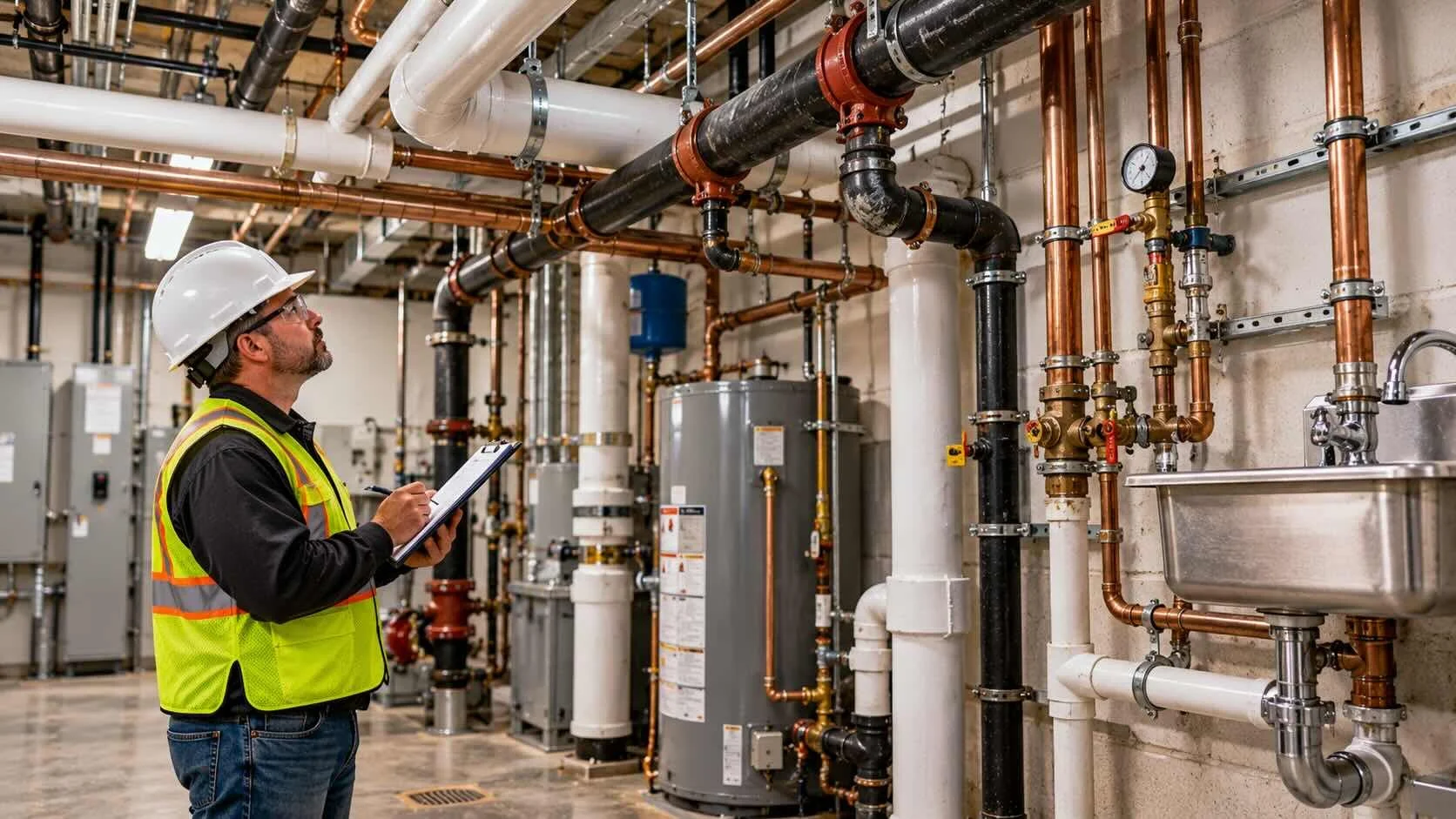 Man inspecting a complex commercial plumbing system