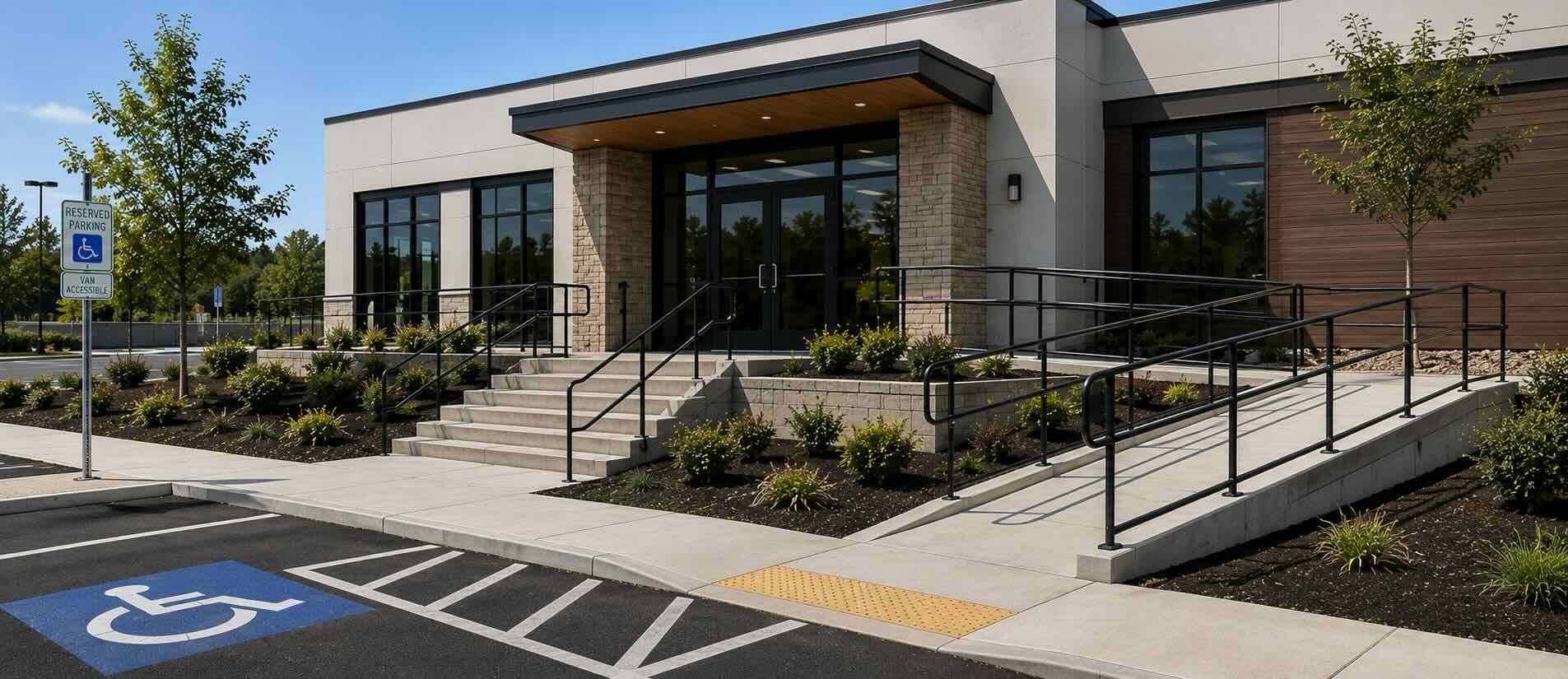 ADA accessible building with parking and ramp entrance