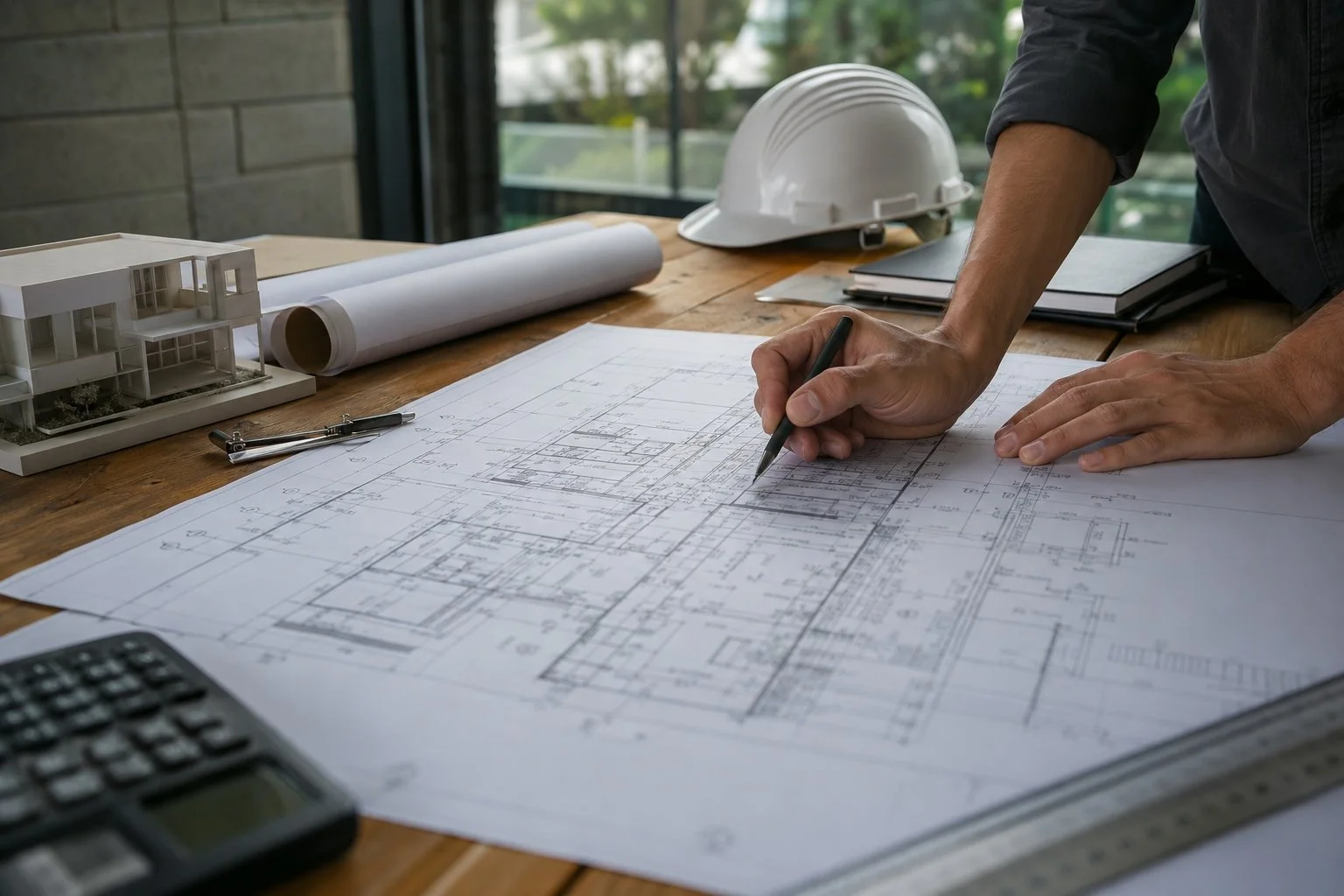 Architect drawing on a set of blueprints