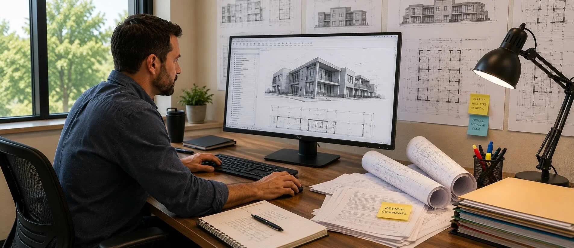 Architect reviewing building plans and permit revisions on a computer in an architectural office.