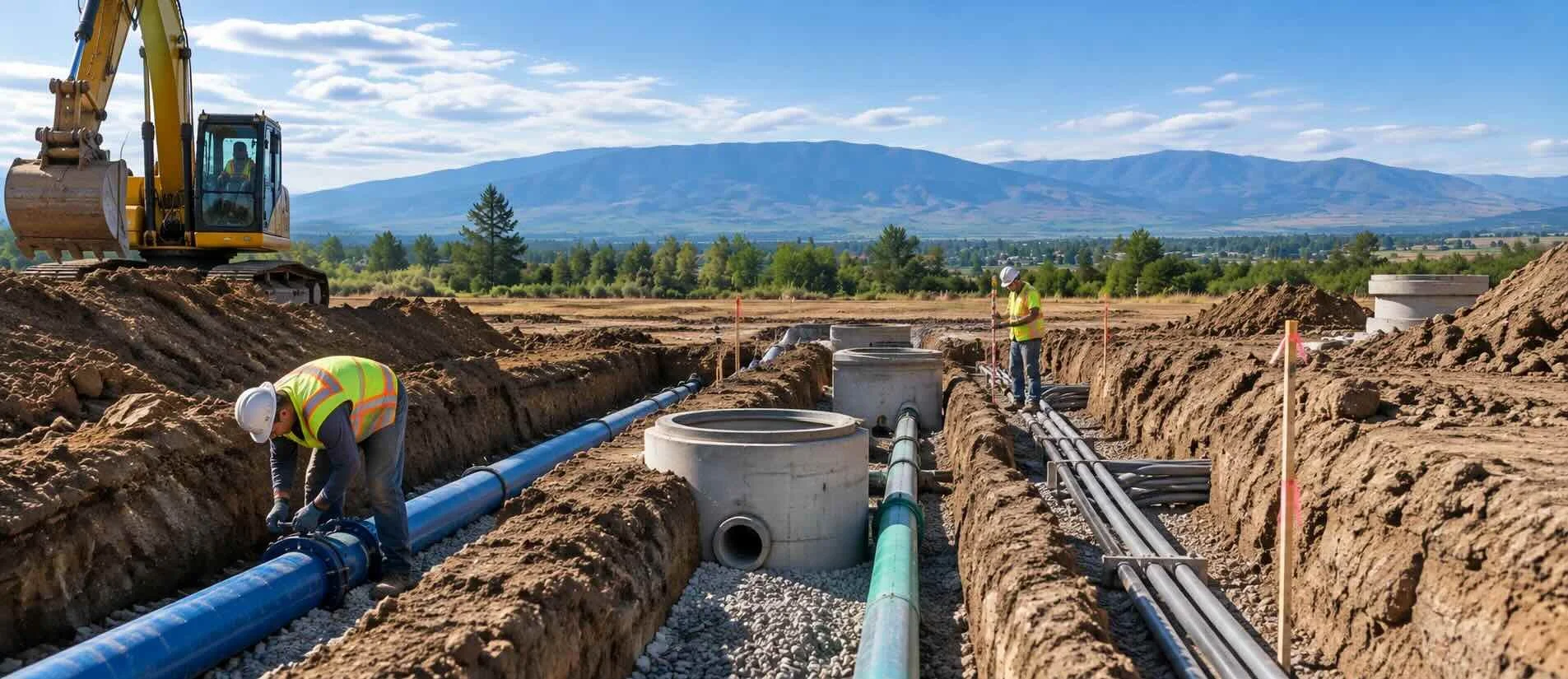 Construction crews installing underground utility pipes and drainage systems across a development site.