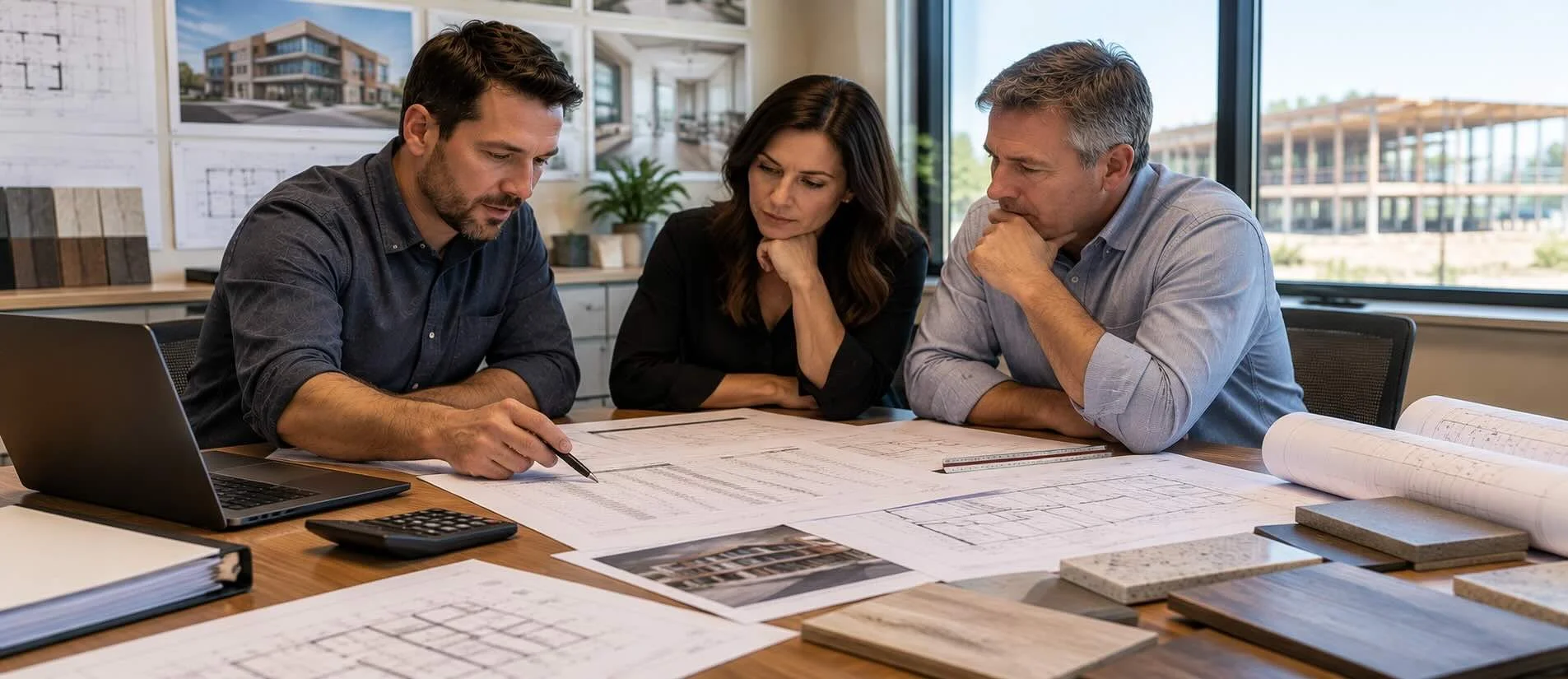 Project team comparing contractor pricing, architectural plans, and material options against the project budget.