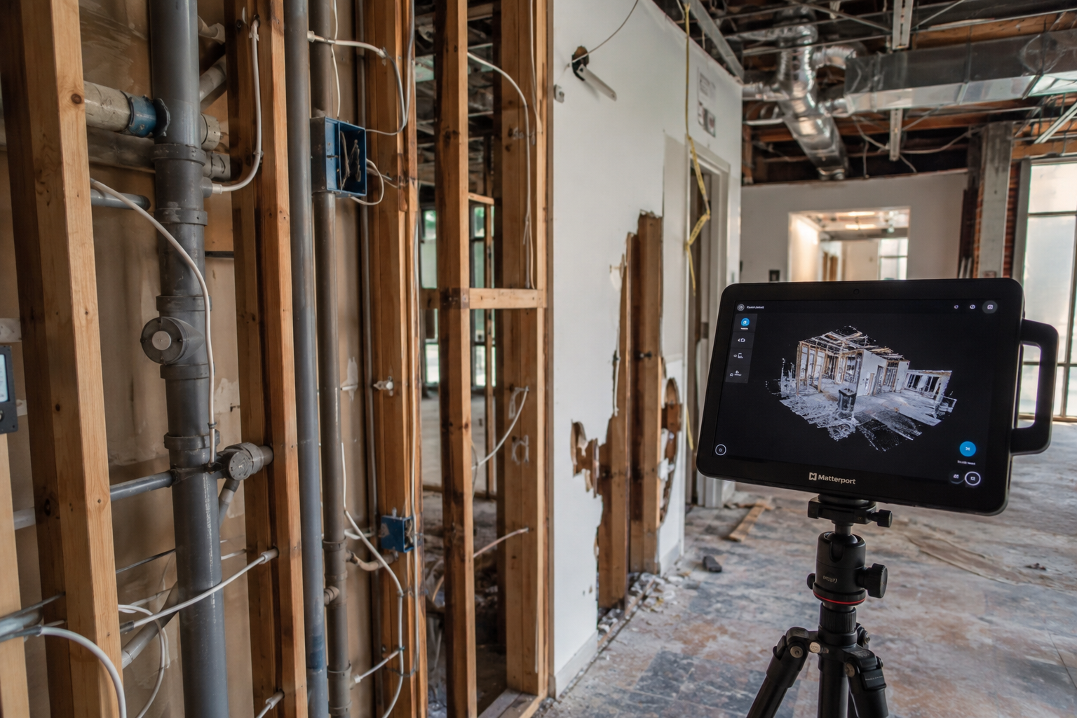 Matterport scanner documenting an exposed commercial renovation