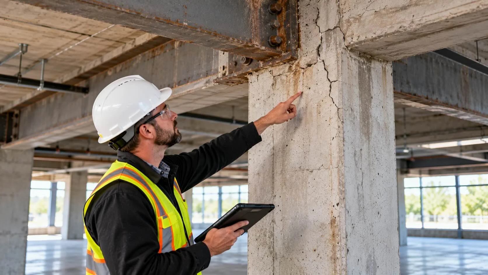 Man inspecting large crack in a commercial parking garage
