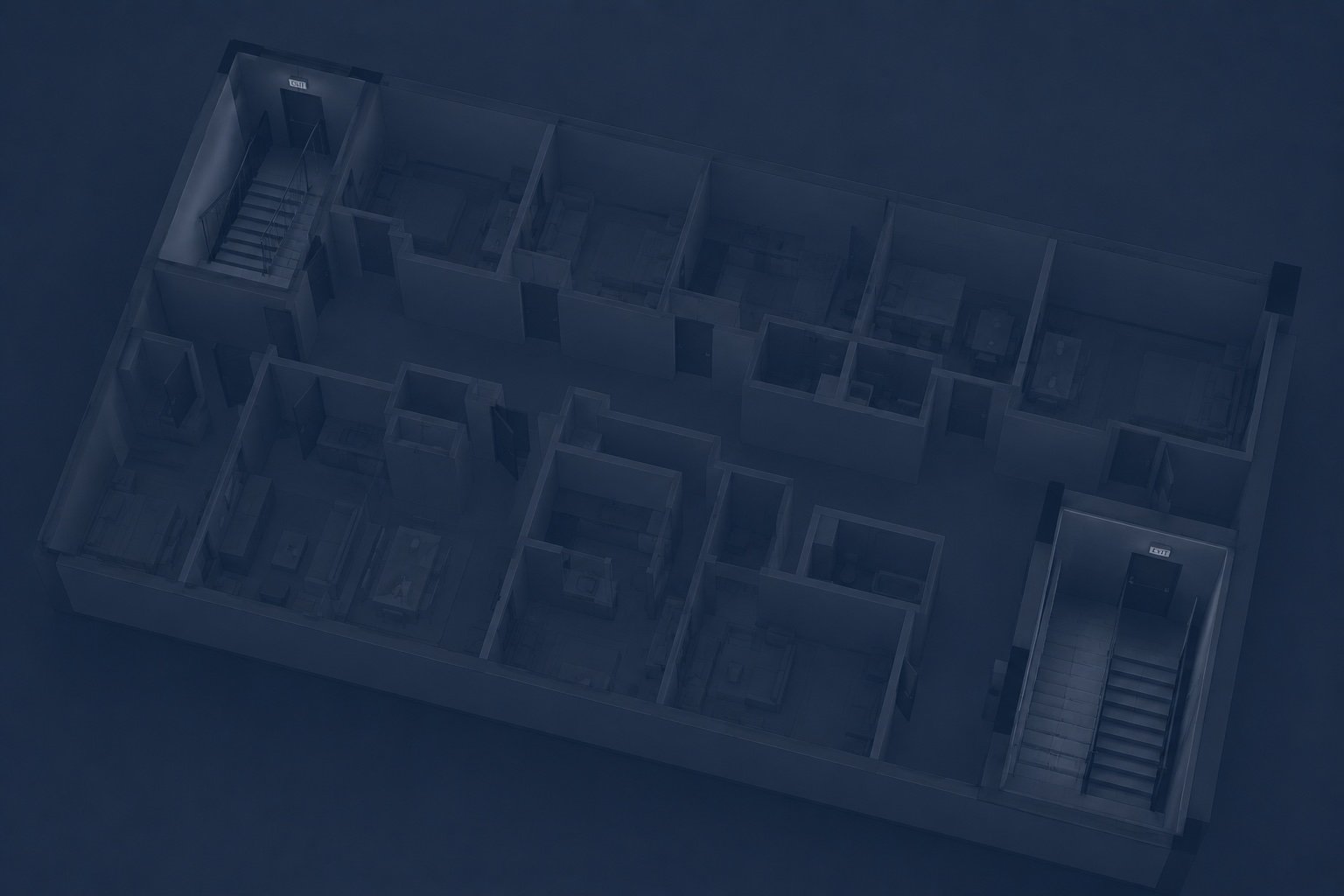 Architectural floor plan showing apartment layouts with stairwells and building exits at opposite ends.