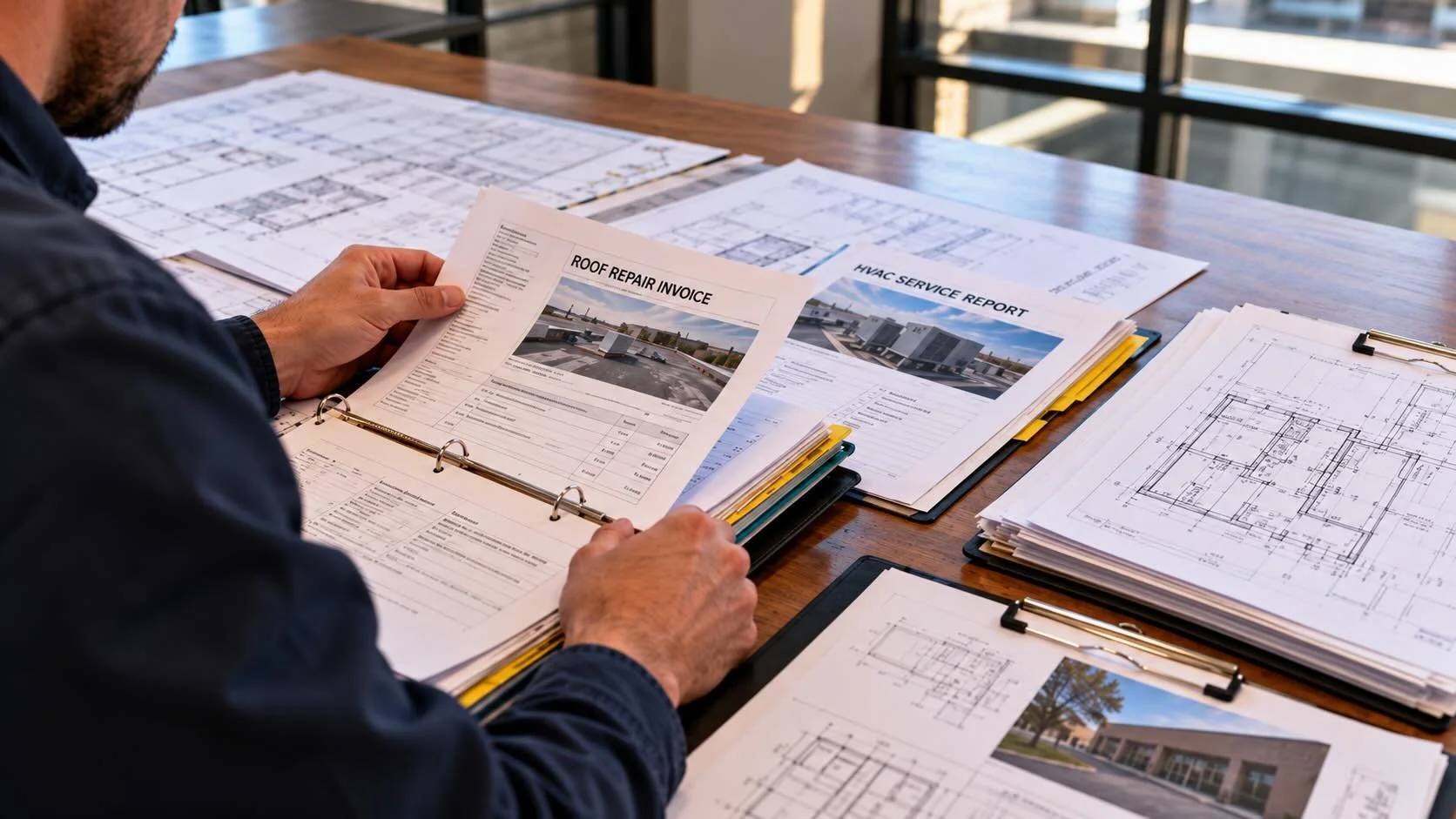 Man studying extensive records and paperwork