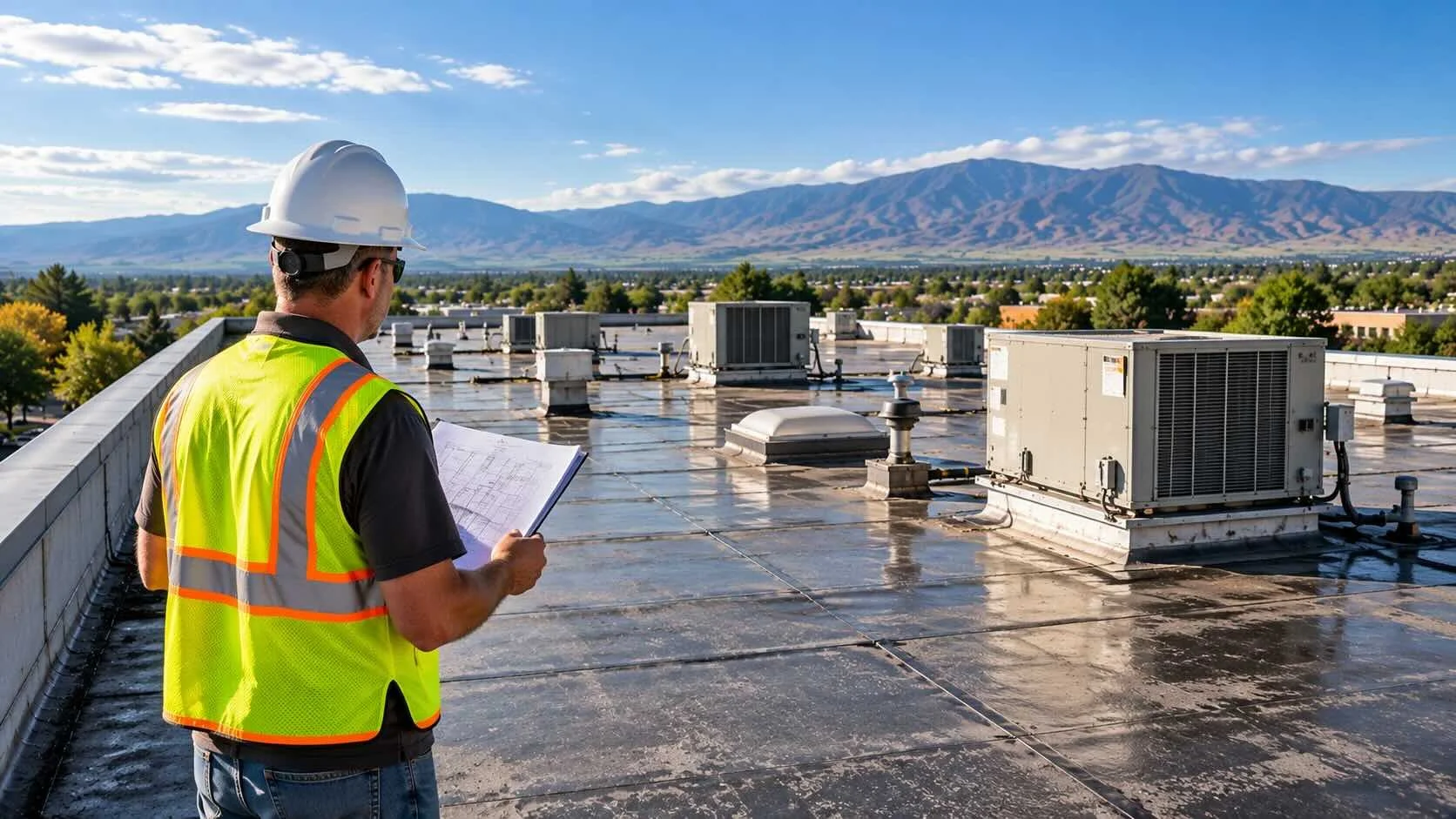 Man with clipboard inspecting a roof