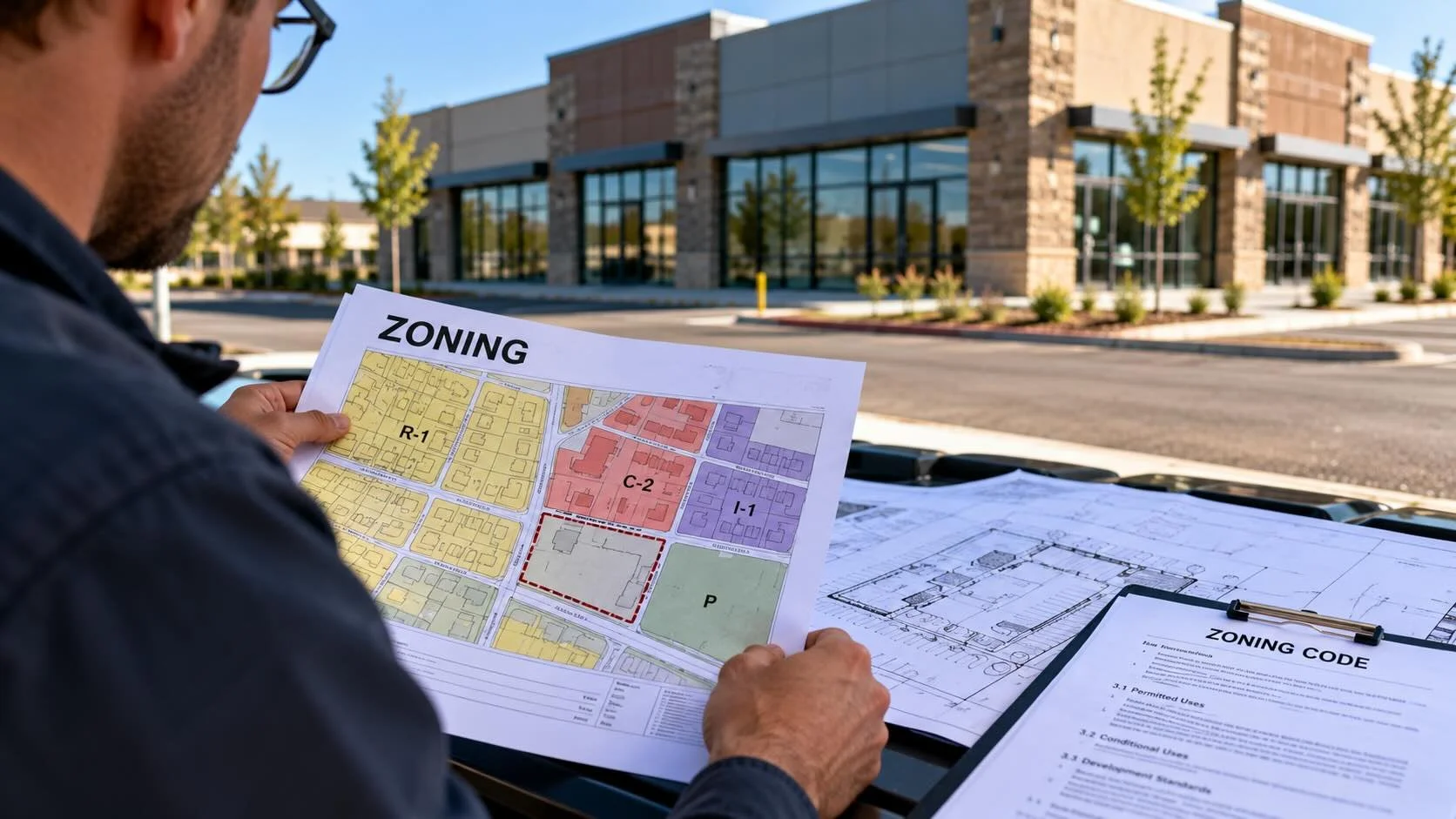 Man looking over zoning paperwork