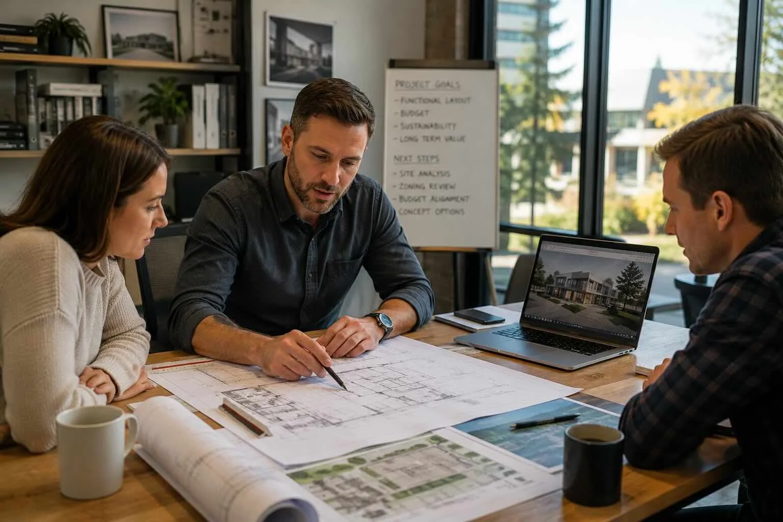 Architect reviewing blueprints with clients during a project planning meeting in a modern office.