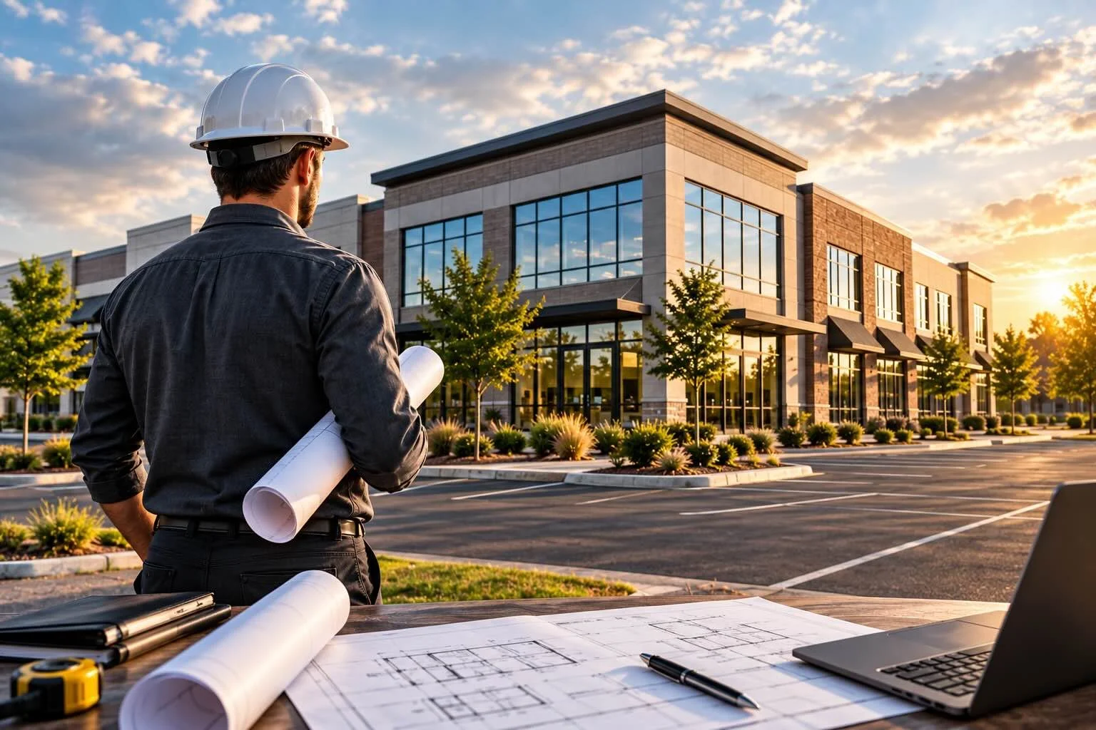 A commercial building inspector wearing a hard hat reviews a modern office property at sunset, with architectural blueprints, a laptop, and inspection tools in the foreground.