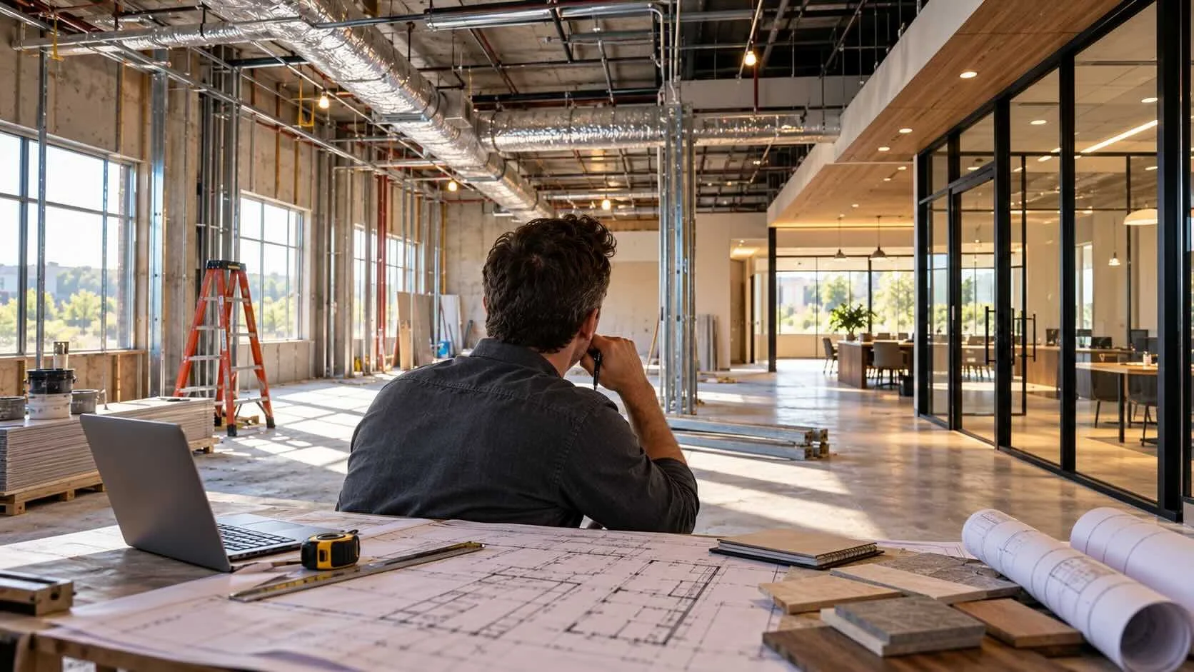 Man considering options in commercial building