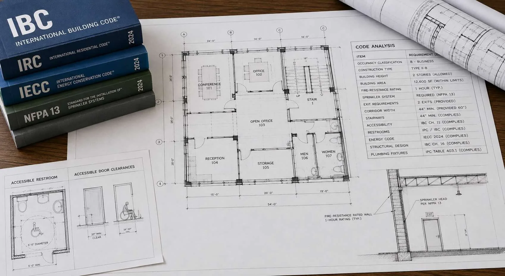 Building code books, architectural floor plans, accessibility details, and a compliance checklist used for code analysis.