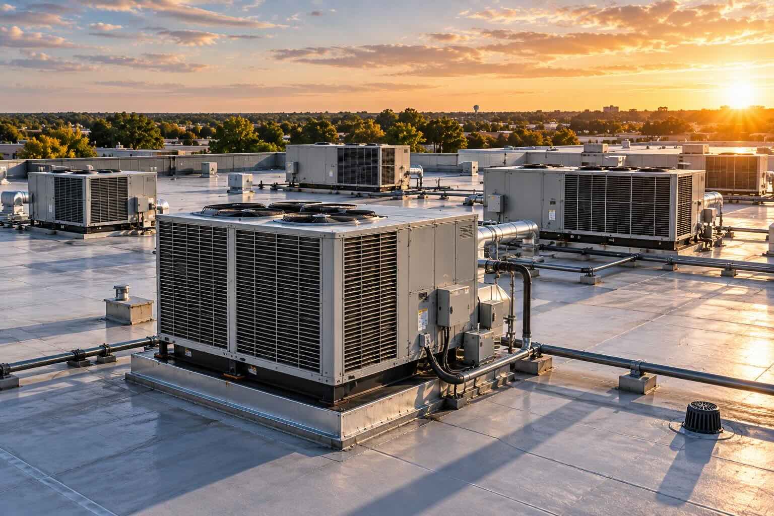 Multiple commercial rooftop HVAC units installed across a large flat-roof building, illustrating the scale and complexity of commercial heating and cooling systems.