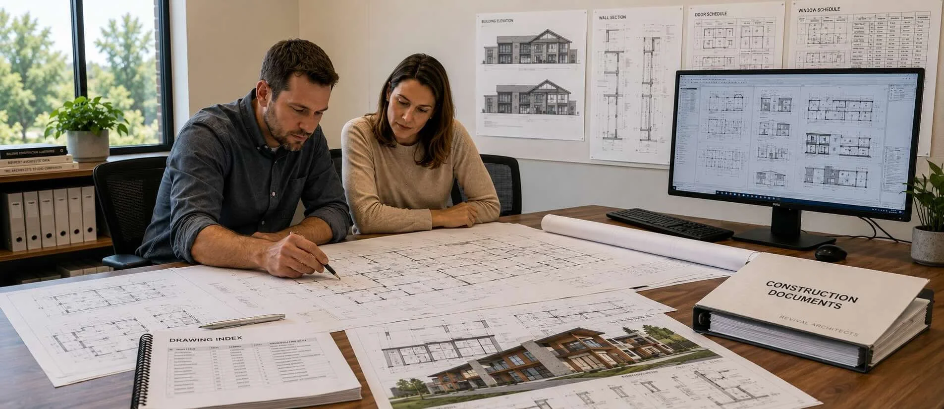 Architects reviewing coordinated construction documents, floor plans, schedules, elevations, and technical details.