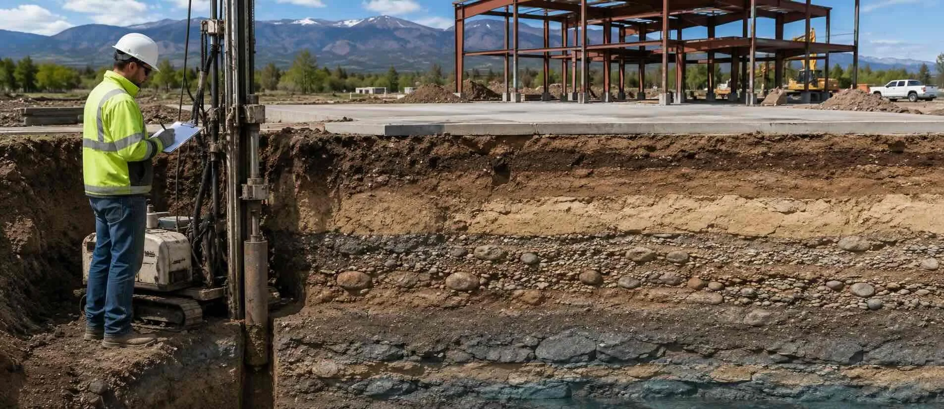 Geotechnical engineer performing soil boring beside a construction site with exposed soil and rock layers.