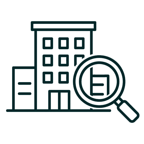 building with magnifying glass icon