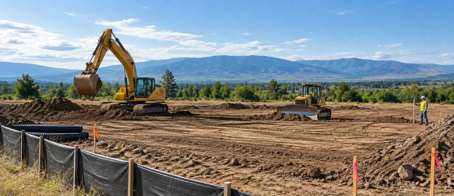 Excavator and bulldozer preparing a vacant mountain-view property for construction.