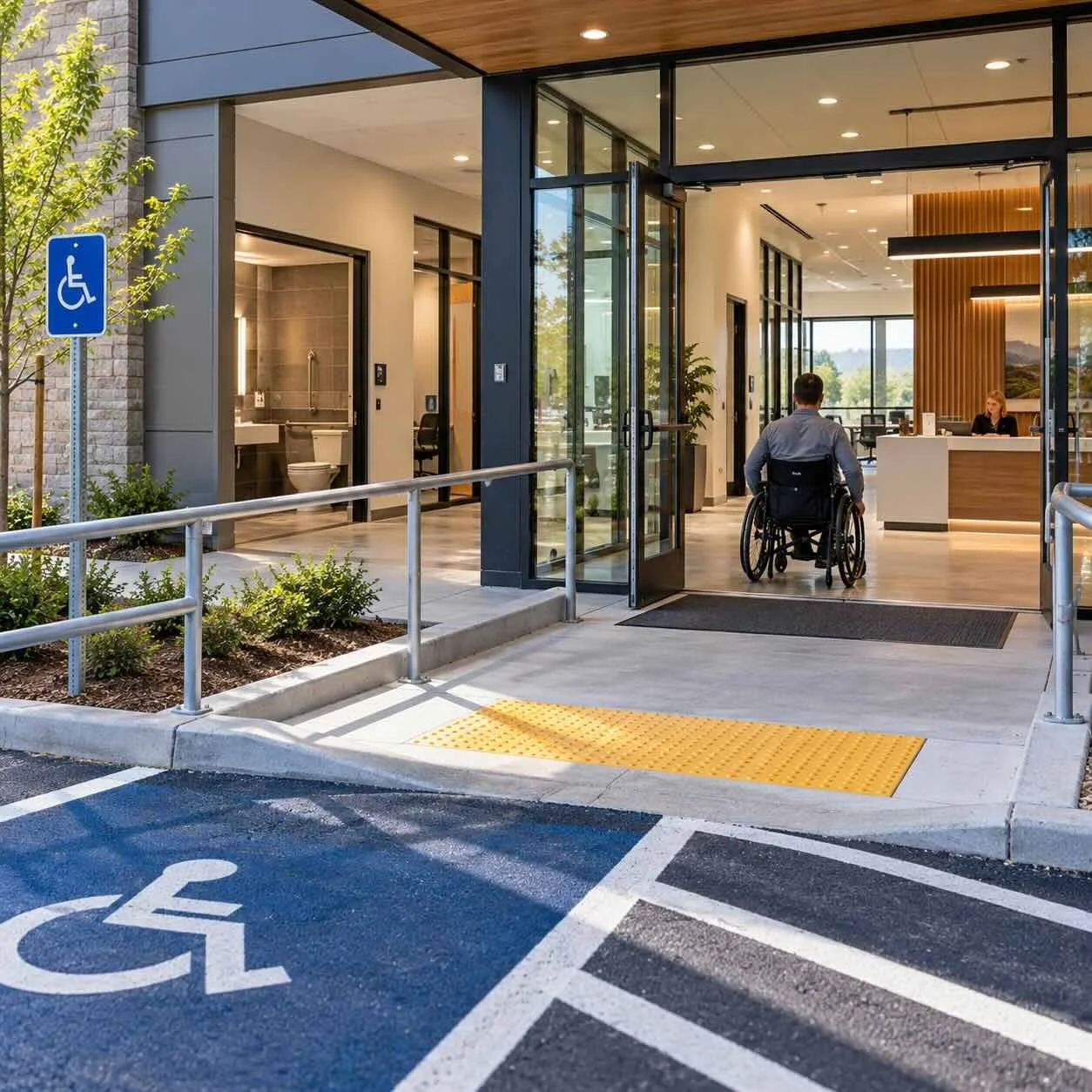 Accessible commercial entrance with wheelchair access, ramp, parking, and restroom.