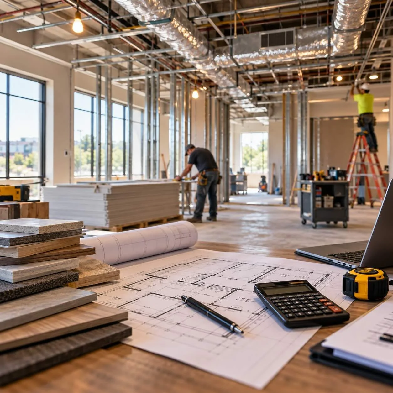 Construction plans, calculator, and material samples at a commercial renovation site