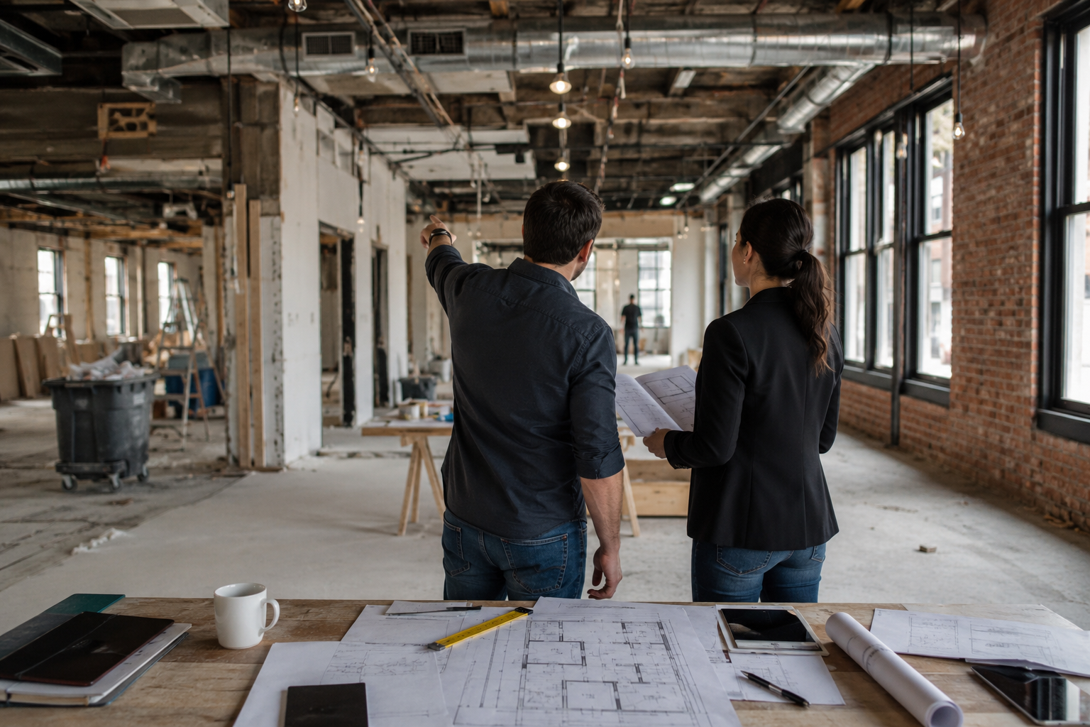 Architects reviewing plans inside a commercial building under renovation.