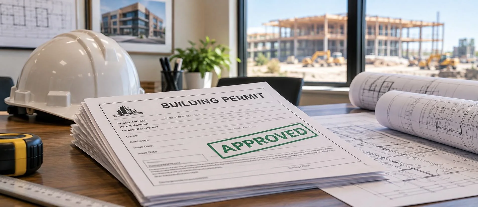 Approved building permit displayed with architectural plans at a construction office.