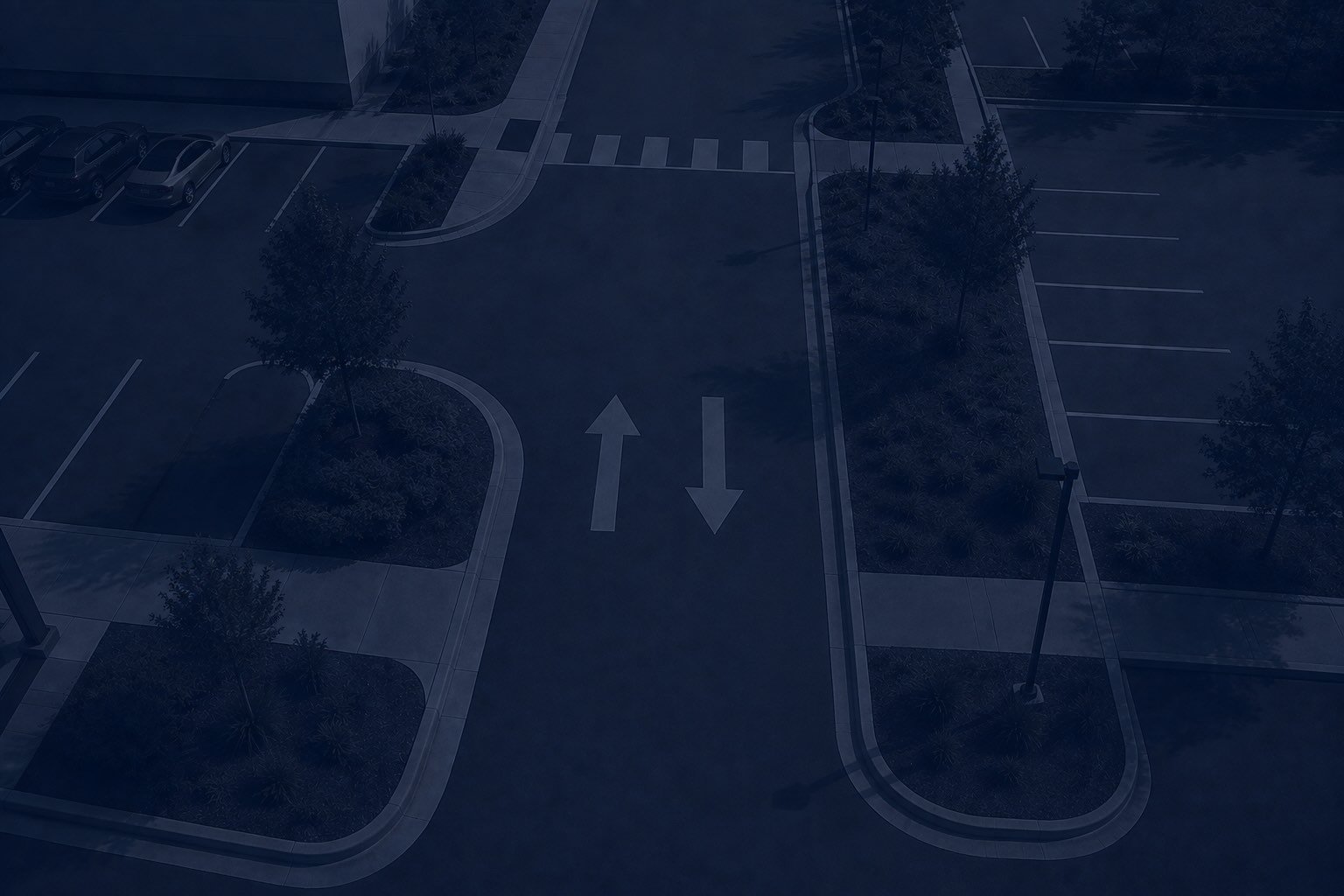 Parking lot with arrows directing traffic