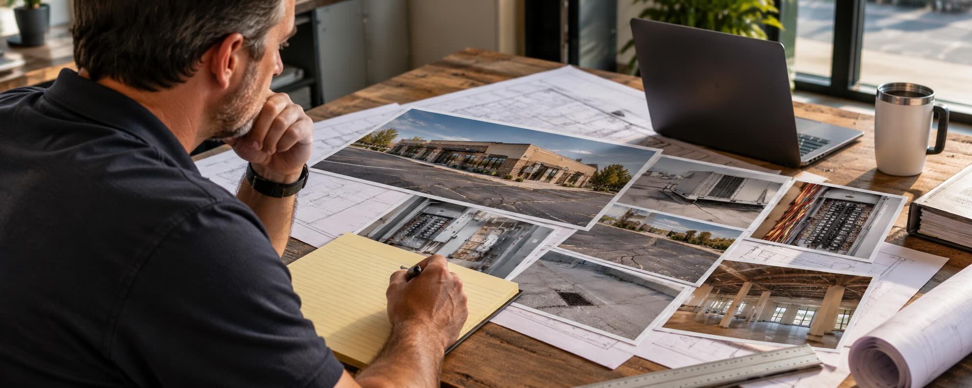Man at a desk looking at photos, thinking